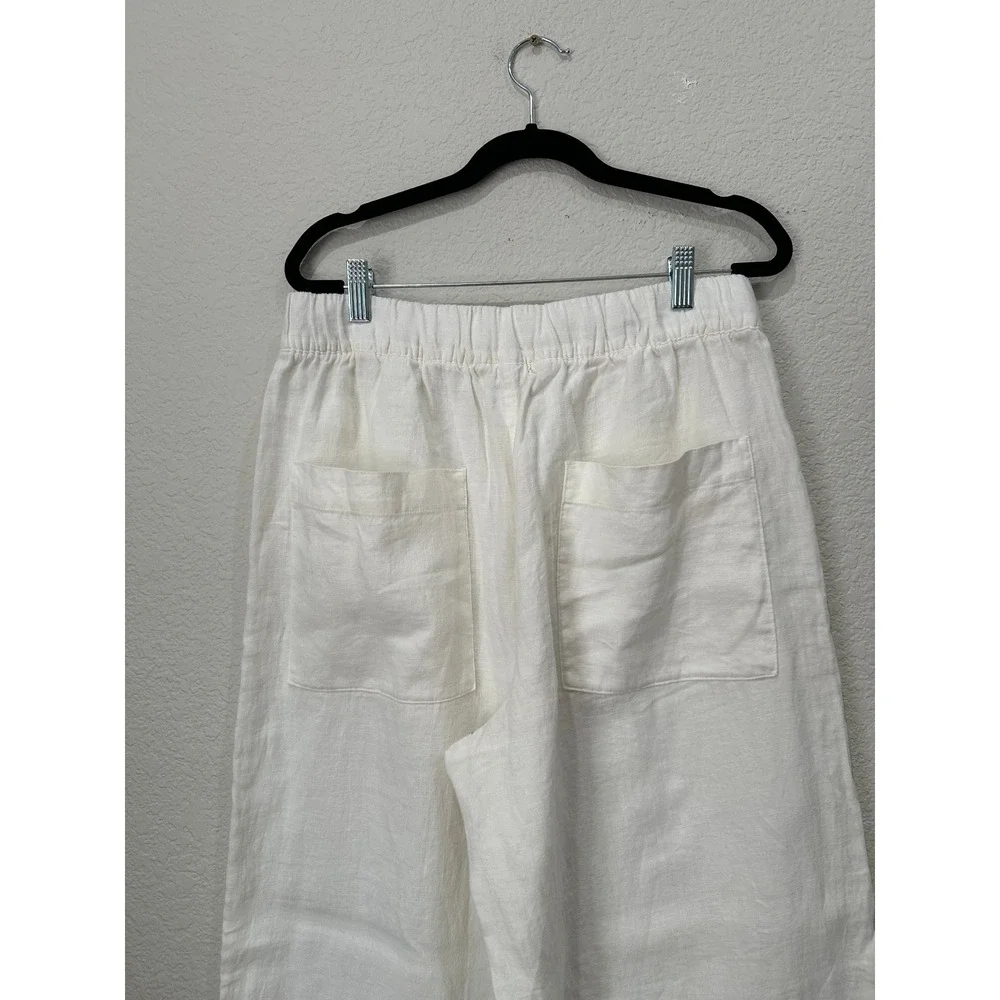 Beyond Yoga White 100% Linen Wide Leg Elastic Waist Patch Pocket Pants Large